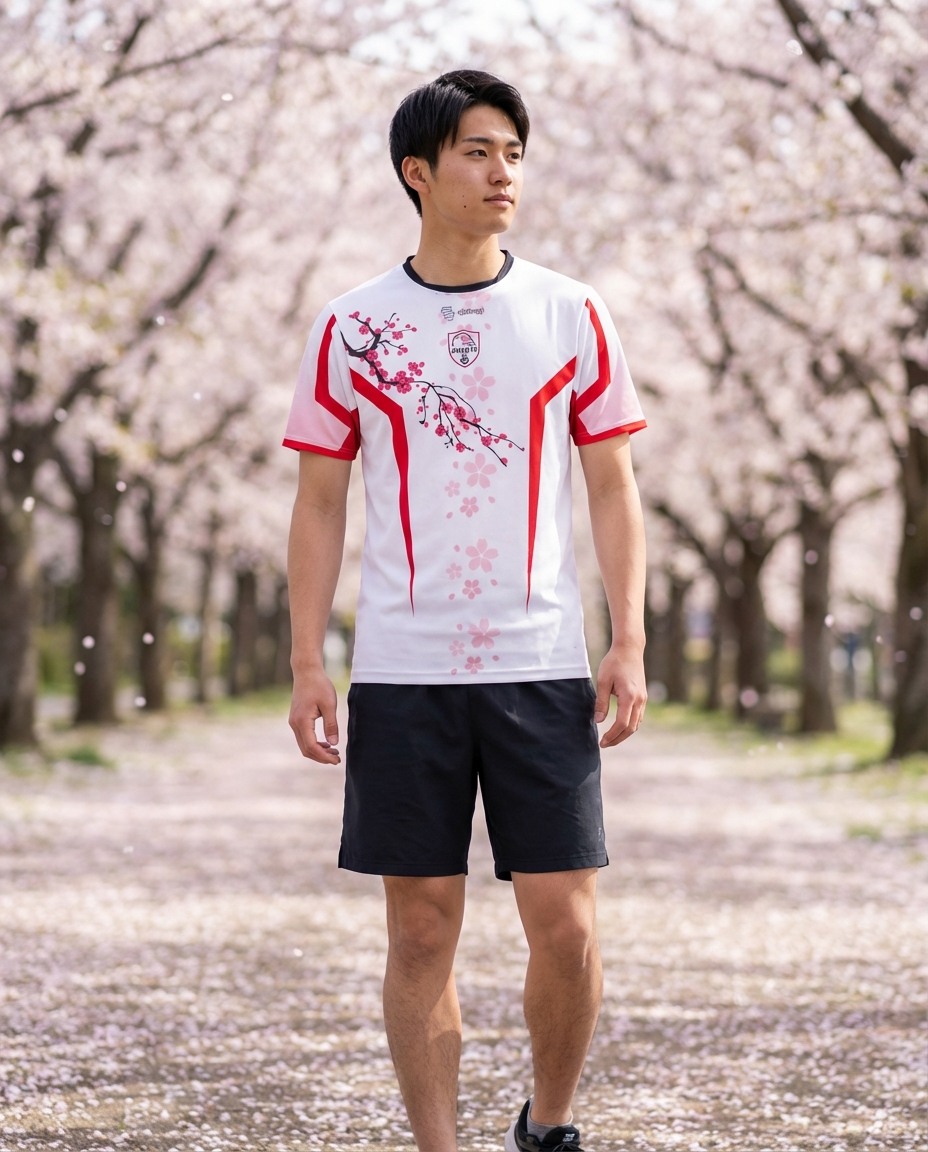 Ganzkörperaufnahme des Sakura-Trikots unter Kirschbäumen