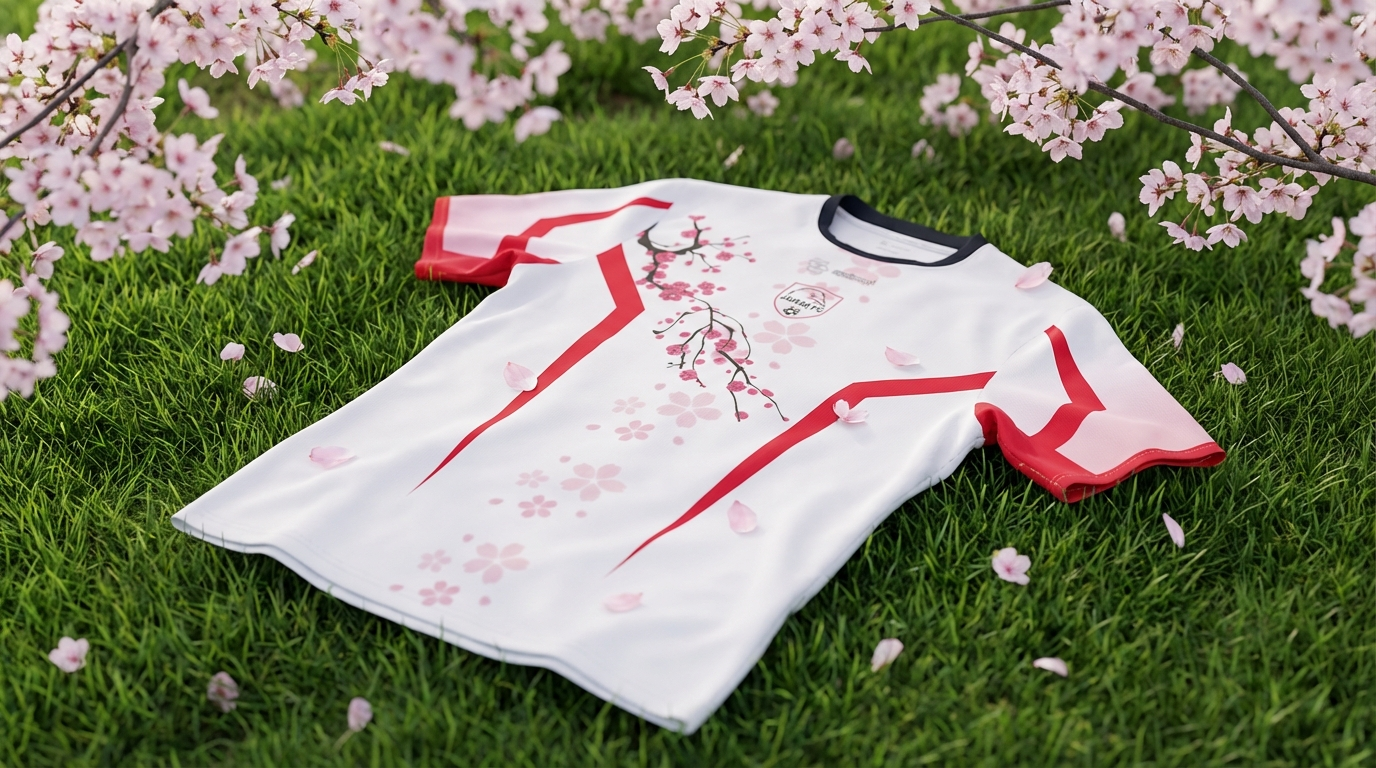 Trikot auf grünem Gras mit fallenden Blütenblättern