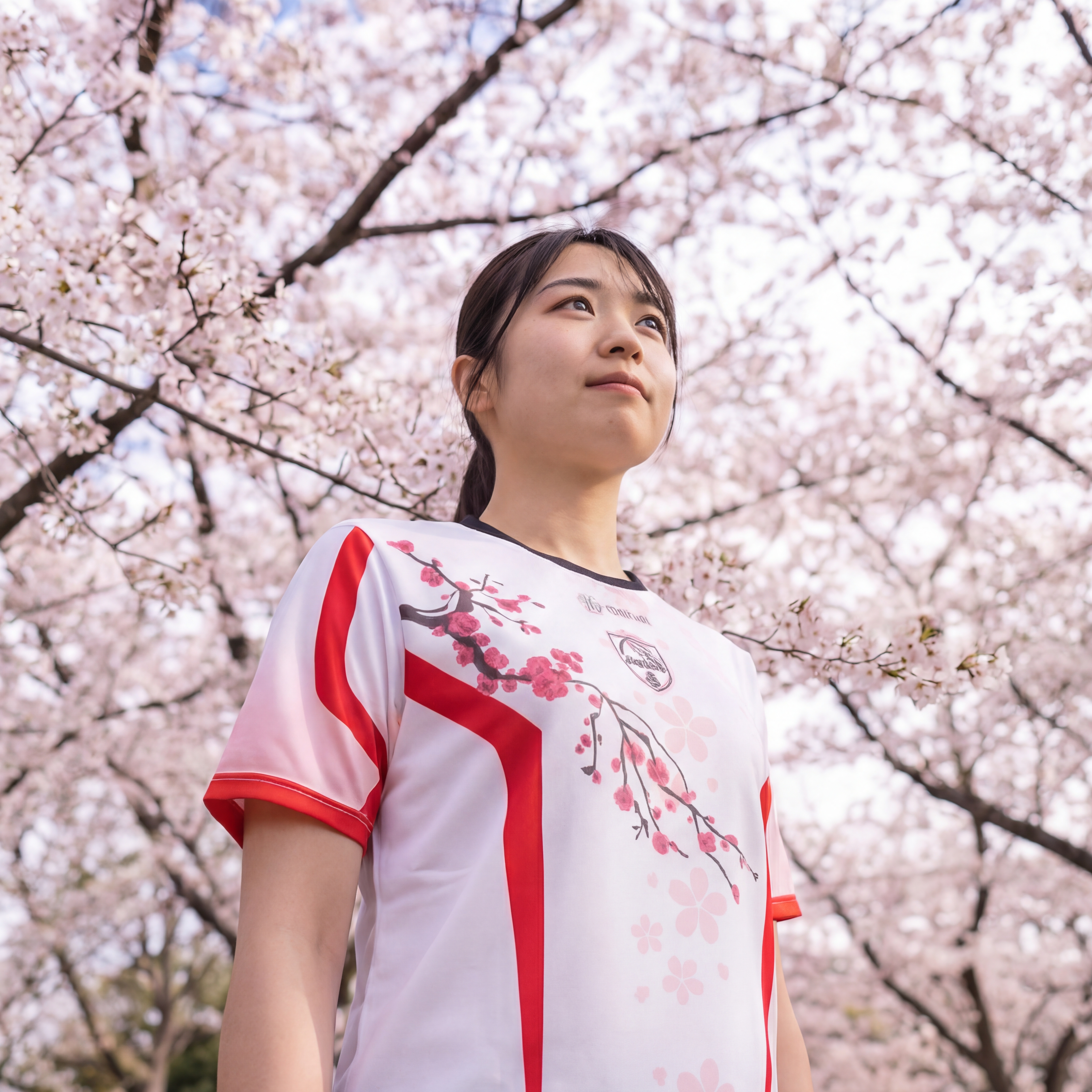 Person trägt das Sakura-Trikot unter blühenden Kirschbäumen