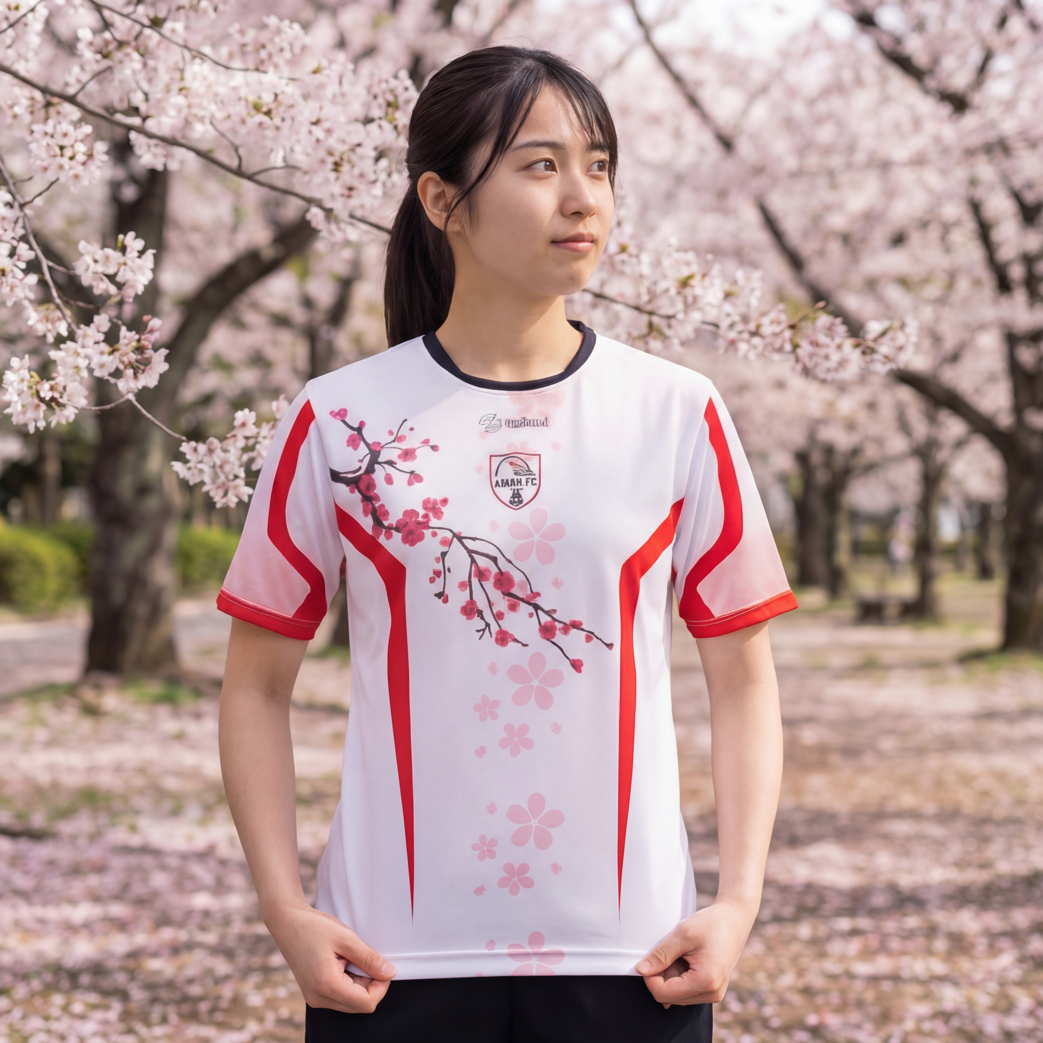 Person im Sakura-Trikot unter Kirschbäumen